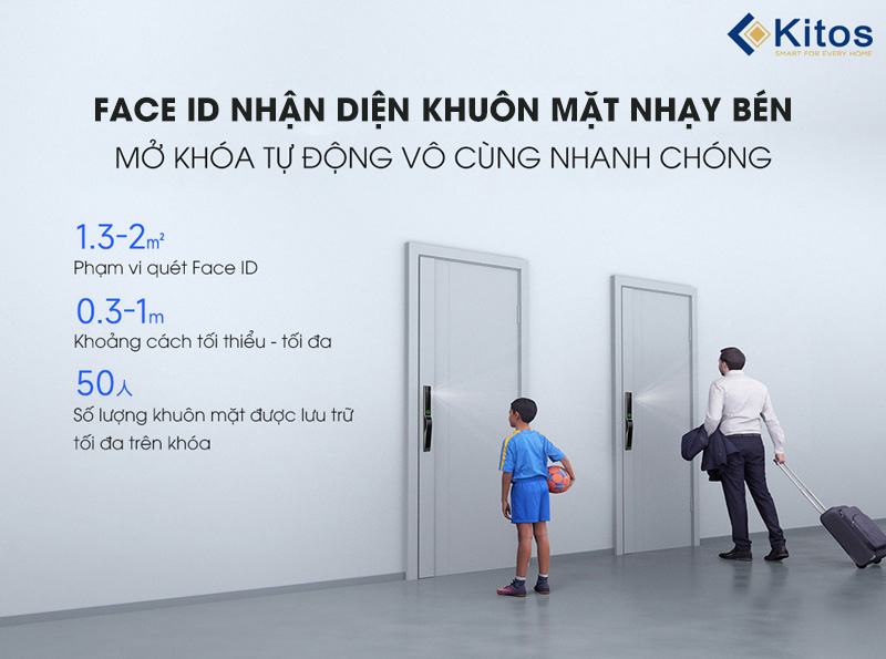 Khóa cửa nhận diện khuôn mặt Kitos KT-ALS5 Face ID, app bluetooth