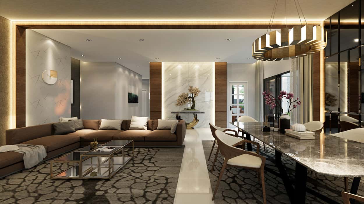 luxury living room with comfortable sofa and throw pillows
