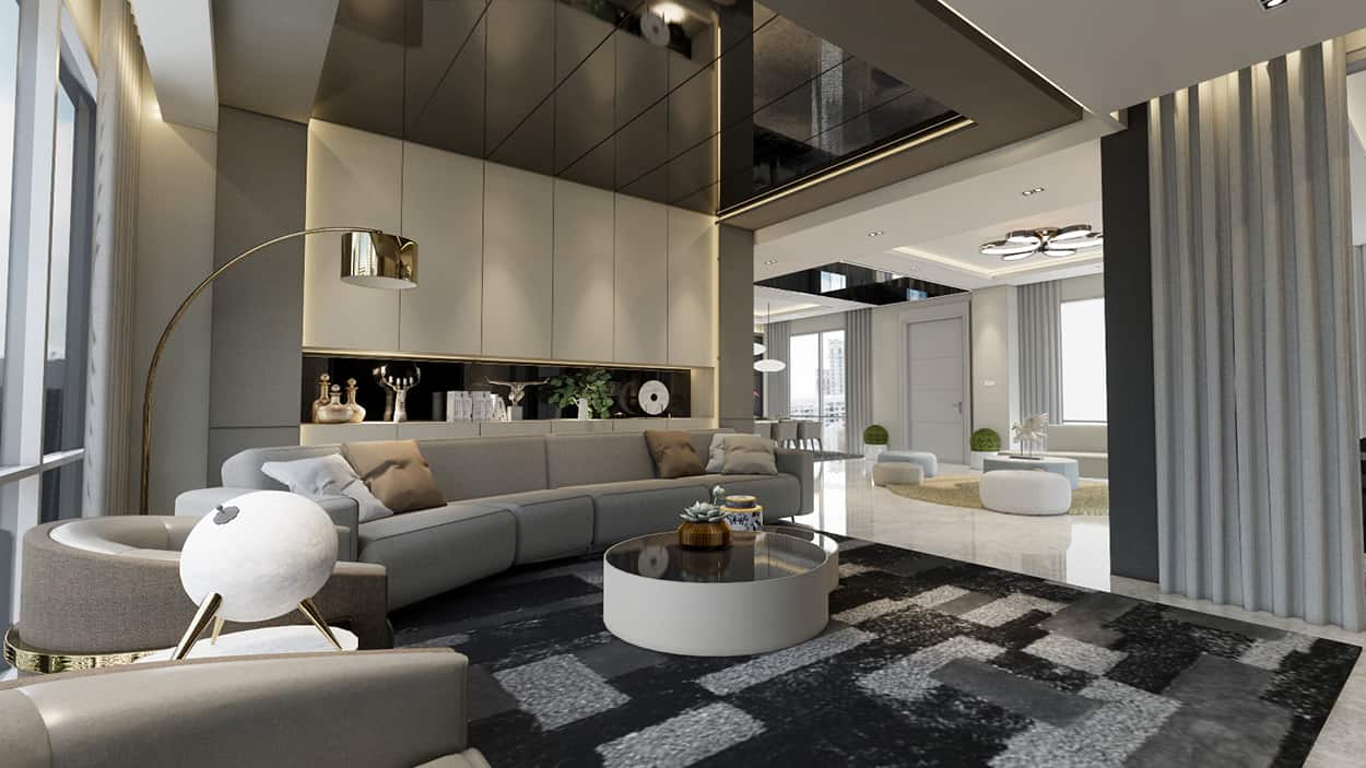 modern luxury living room with ceiling mirror